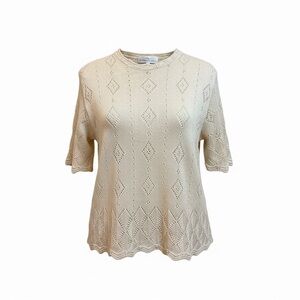 VTG Marks & Spencer WMNS Med SS Cut Out Knit Sweater Top Linen Blend‎ Ivory Boho